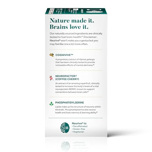 NEURIVA Ultra Decaffeinated Clinically Tested Nootropic Brain Supplement for Mental Alertness, Memory, Focus & Concentration, Cognivive, Neurofactor, Phosphatidylserine, Vitamins B6 B12, 60 Capsules