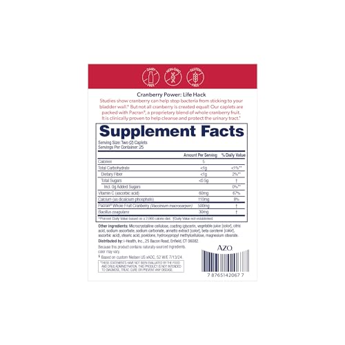 AZO Cranberry Urinary Tract Health Supplement, 1 Serving = 1 Glass of Cranberry Juice, Sugar Free Cranberry Pills, 50 Count