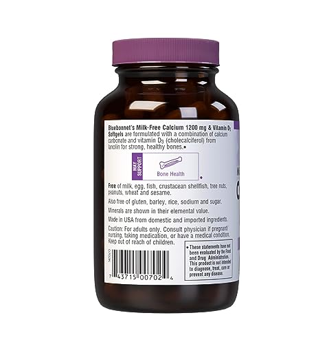 Bluebonnet Nutrition Milk-Free Calcium 1,200 mg Plus Vitamin D3 400 IU - High Potency, Maximum Absorption Strong Healthy Bones & Immune Health Support Supplement, Gluten-Free, Dairy-Free, 60 Softgels
