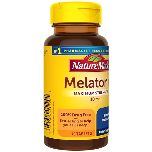 Nature Made Melatonin 10mg Maximum Strength Tablets, 100% Drug Free Sleep Aid for Adults, 70 Count, 70 Day Supply (Pack of 2)