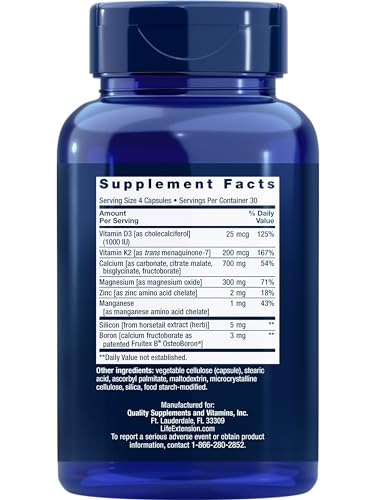 Life Extension Bone Restore + Vitamin K2 Vitamins & Minerals Maintain Bone Health & Strength - Fortifying Nutrients Calcium, D3 & Important Bone Building Minerals - Non-GMO, Gluten-Free -120 Capsules
