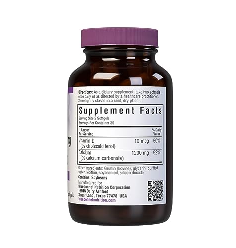 Bluebonnet Nutrition Milk-Free Calcium 1,200 mg Plus Vitamin D3 400 IU - High Potency, Maximum Absorption Strong Healthy Bones & Immune Health Support Supplement, Gluten-Free, Dairy-Free, 60 Softgels