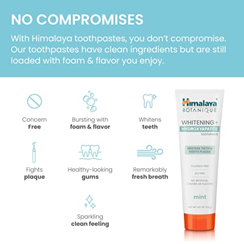 Himalaya Botanique Whitening + Hydroxyapatite Toothpaste for Whiter Teeth & Fresher Breath, Fights Plaque with Hydroxyapatite Support & Mint Flavor, Fluoride Free, SLS Free, & Vegan, 4.0 oz (113g)