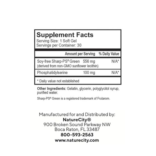 NatureCity True-PS Soy Free Stabilized Phosphatidylserine 100mg Brain Supplements for Memory and Focus - Memory Pills for Brain - Brain Health Supplements for Adults (30 SoftGels)