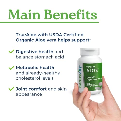 NatureCity True-Aloe Gut Health Support – 80,000mg Aloe Vera Gel Equivalent Per Serving – Organic Aloe Vera (120 Capsules) for Digestive, Skin & Joint Support | Small Easy-to-Swallow Pills