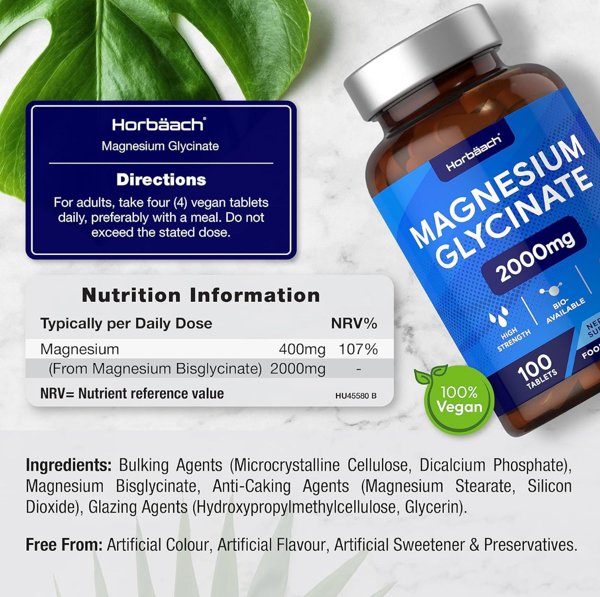HORBÄACH MAGNESIUM GLYCINATE 2000MG, 100 TABLETS