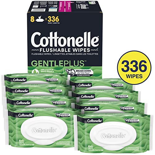 Pre-Order | Arrives in 5–10 Days – Cottonelle GentlePlus Flushable Wet Wipes with Aloe & Vitamin E, Adult Wet Wipes, 8 Flip-Top Packs, 42 Wipes per Pack (336 Total Flushable Wipes)