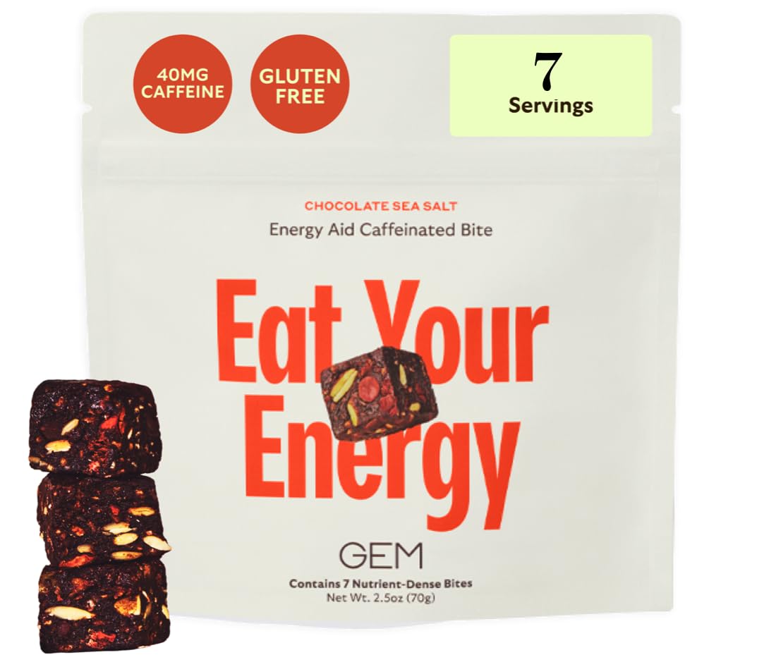 GEM Energy Aid Caffeinated Bite | Holistic Sustained Energy | Supports Metabolism & Endurance | 40mg Caffeine, Ginseng Root, L-Theanine | Chocolate Cacao Sea Salt | 7 Servings