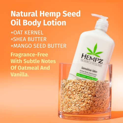 Hempz Sensitive Skin Herbal Body Moisturizer with Oatmeal, Shea Butter for Women and Men, 17 oz. - Premium, Soothing Body Lotion with Hemp Seed, Cocoa Seed, Mango Seed for Dry Skin - Skin Care Products