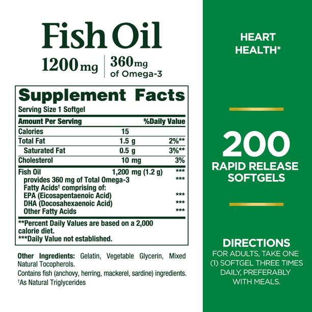 Nature's Bounty Fish Oil Pills, Omega 3 Supplement, Helps Support Cardiovascular Health, 1200mg, 200 Softgels