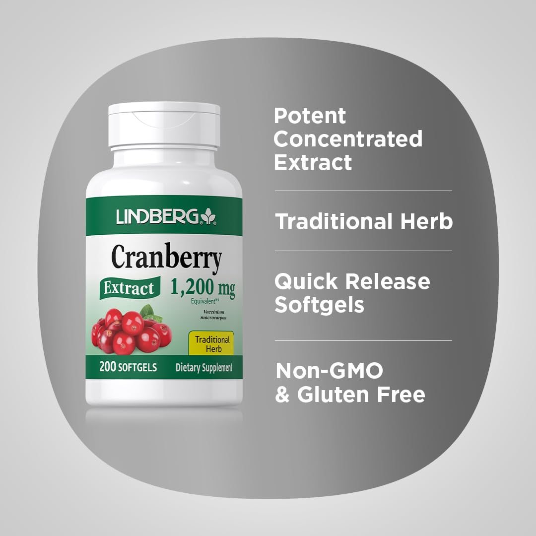 Lindberg Cranberry Extract Pills for Women and Men | 1200mg | 200 Softgels | Traditional Herb | Extract Supplement | Non-GMO, Gluten Free