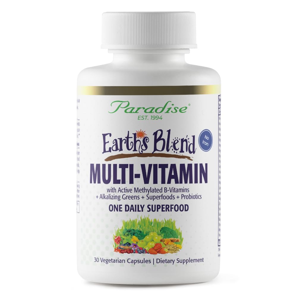 Paradise Herbs Earth's Blend Once Daily Multivitamin for Men, No Iron, 48 Organic Superfoods, Probiotics, Antioxidants, Vitamins A, B12, C, D, K2, 30 Count