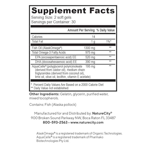 NatureCity True-Omega-3 975mg Omega-3 Fish Oil Supplements with Enhanced Absorption from AquaCelle for Heart, Brain & Joint Support (60 SoftGels) Burpless Fish Oil Pills