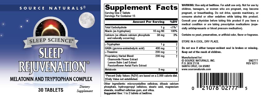 Pre-Order | Arrives in 5–10 Days – Source Naturals Sleep Science Sleep Rejuvenation, Melatonin and Tryptophan Complex - 30 Tablets