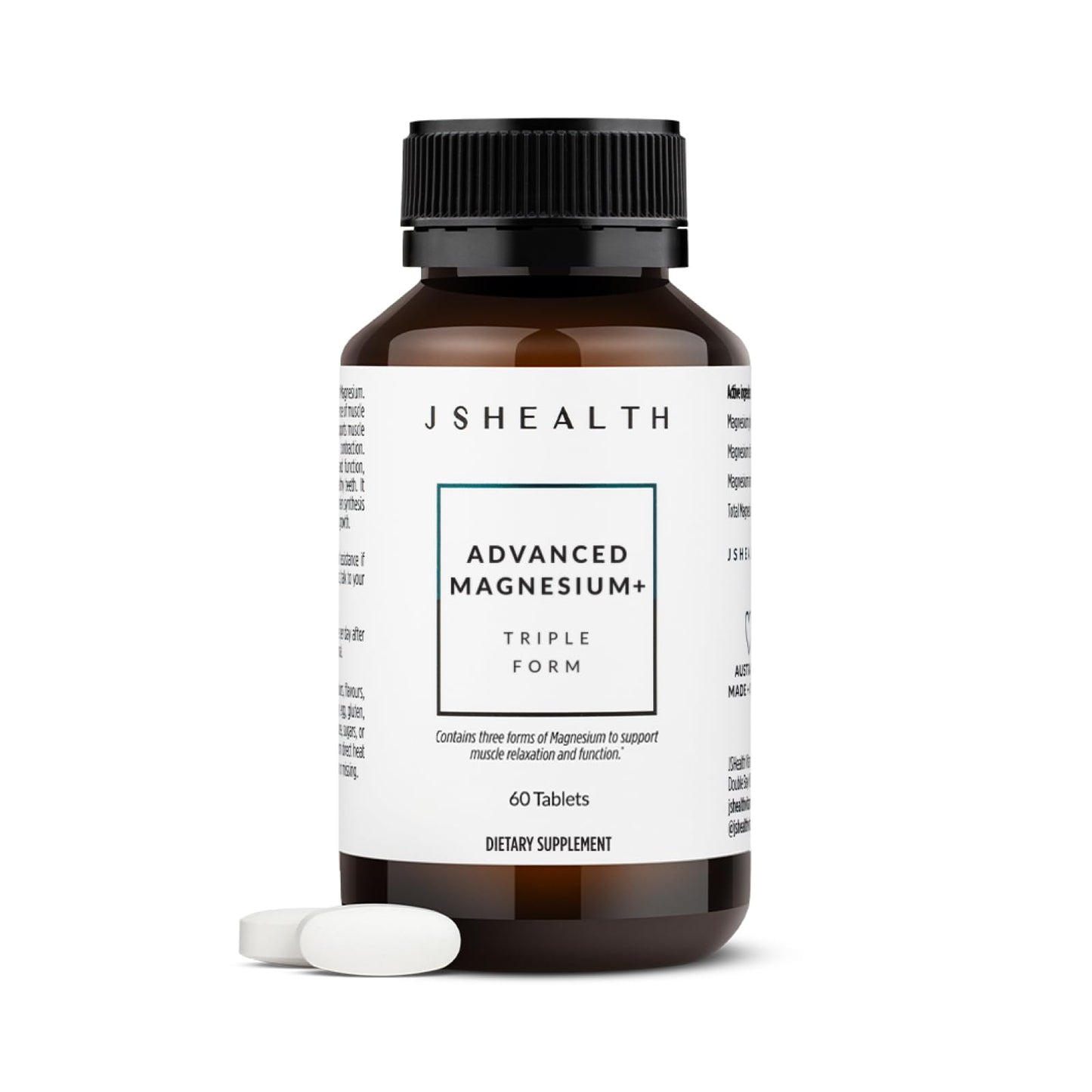 JSHealth Vitamins Advanced Magnesium Supplements with Magnesium Glycinate & Citrate for Muscle Relaxation (60 Tablets)