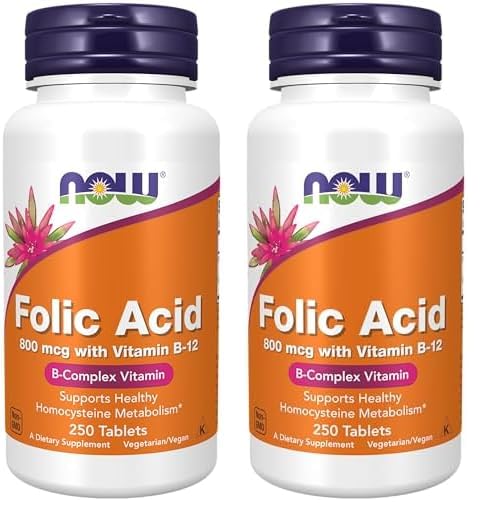 NOW Supplements, Folic Acid 800 mcg + B-12 (Cyanocobalamin) 25 mcg, B Complex Vitamin, 250 Tablets (Pack of 2)