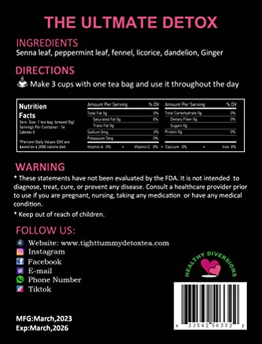 Healthy Diversions Tight Tummy Detox Tea, Extra Strength Results Within a Week Reduce Bloating Herbal Tea Bags, Wellness & Energy Support 14 Tea Bags, 2.4oz