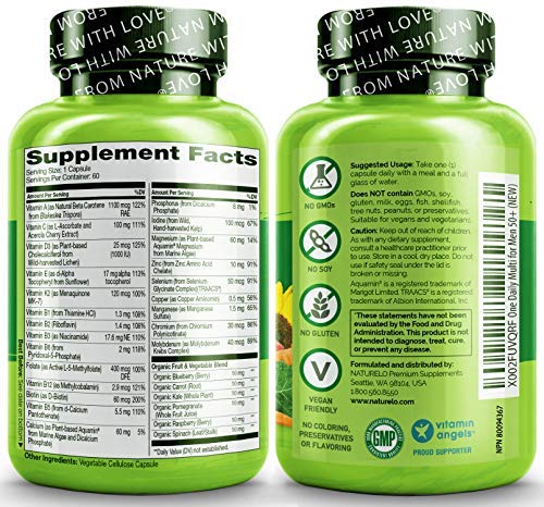 NATURELO One Daily Multivitamin for Men 50+ - with Vitamins & Minerals + Organic Whole Foods - Supplement to Boost Energy, General Health - Non-GMO - 120 Capsules - 4 Month Supply