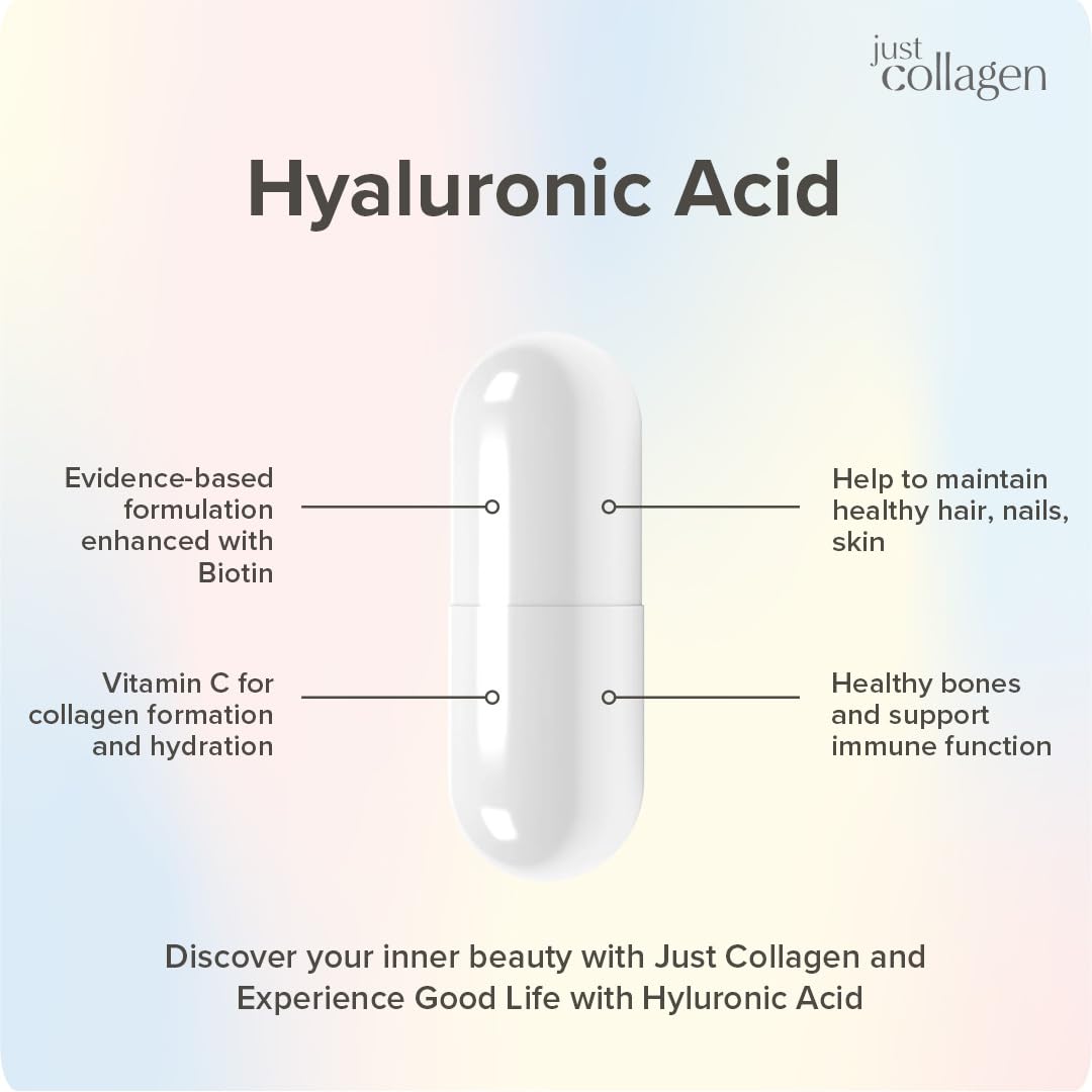 Just Collagen Hyaluronic Acid Supplement with Vitamin C - Biotin - 60 Vegan Capsules for Collagen Formation, Immune System, Skin & Joint Health - Non-GMO