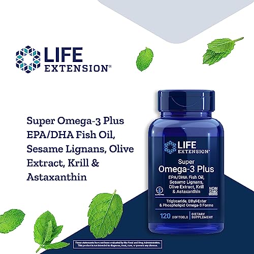 Life Extension Super Omega-3 Plus EPA/DHA Fish Oil, Sesame Lignans, Olive Extract, Krill & Astaxanthin - Heart, Brain & Joint Health Support - Gluten-Free, Non-GMO - 120 Softgels