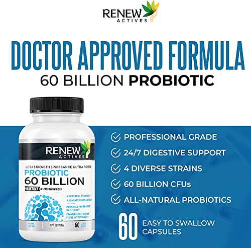 NEW! Renew Actives Probiotics 60 Billion CFU with MAKTREK Bi-Pass Technology, Probiotics Made to Survive Stomach Acid with Advanced Absorption for Digestive Health, Immunity, & 60 Capsules!