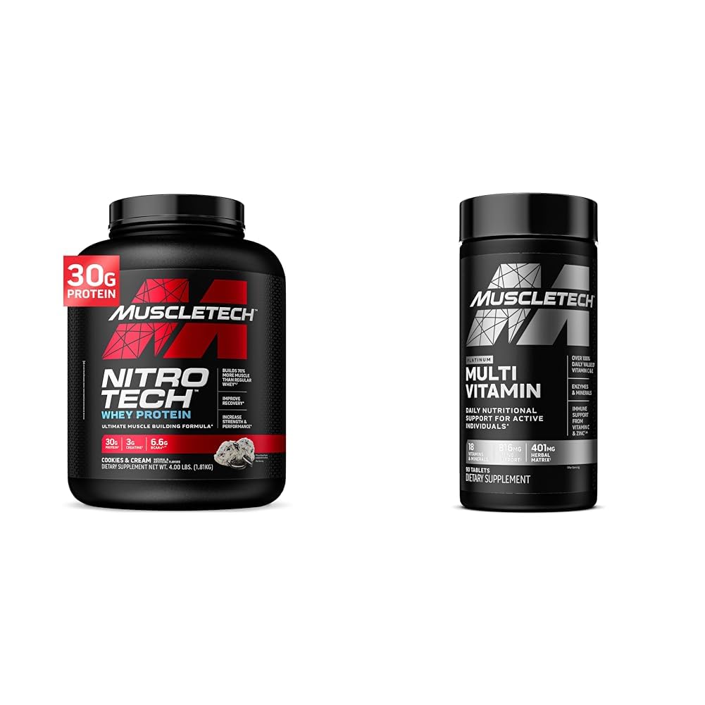 Muscletech Whey Protein Powder & Multivitamin for Immune Support - Nitro-Tech Muscle Building Formula with Whey Protein Isolate & Peptides, 30g Protein, 3g Creatine, 6.8g BCAAs, and Platinum Multivitamin with 18 Vitamins & Minerals