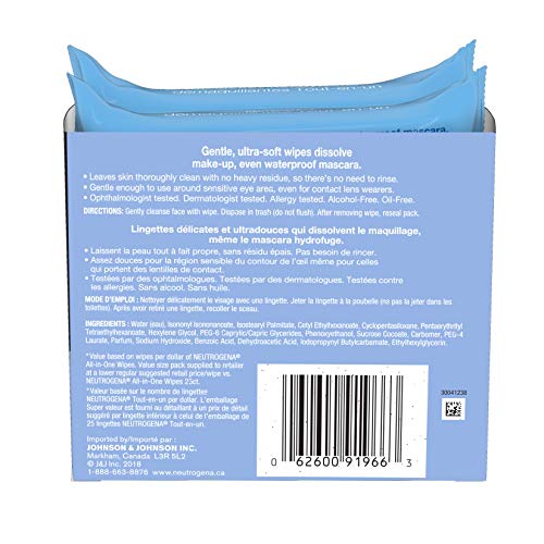 Neutrogena Make-up Remover Cleansing Wipes, Alcohol & fragrance-free, Facial Wipes, 20 Single wrapped wipes