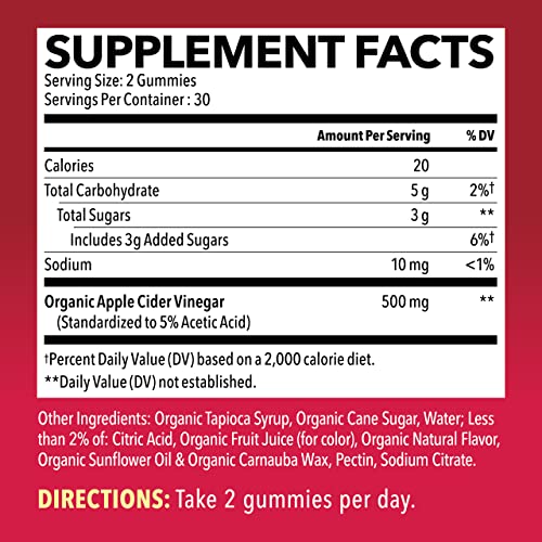 Organic Apple Cider Vinegar Gummies with The Mother | Metabolism Control & Detox to Boost Digestion | 60 Vegan & Non-GMO ACV Gummies | Tasty Natural Apple Flavor