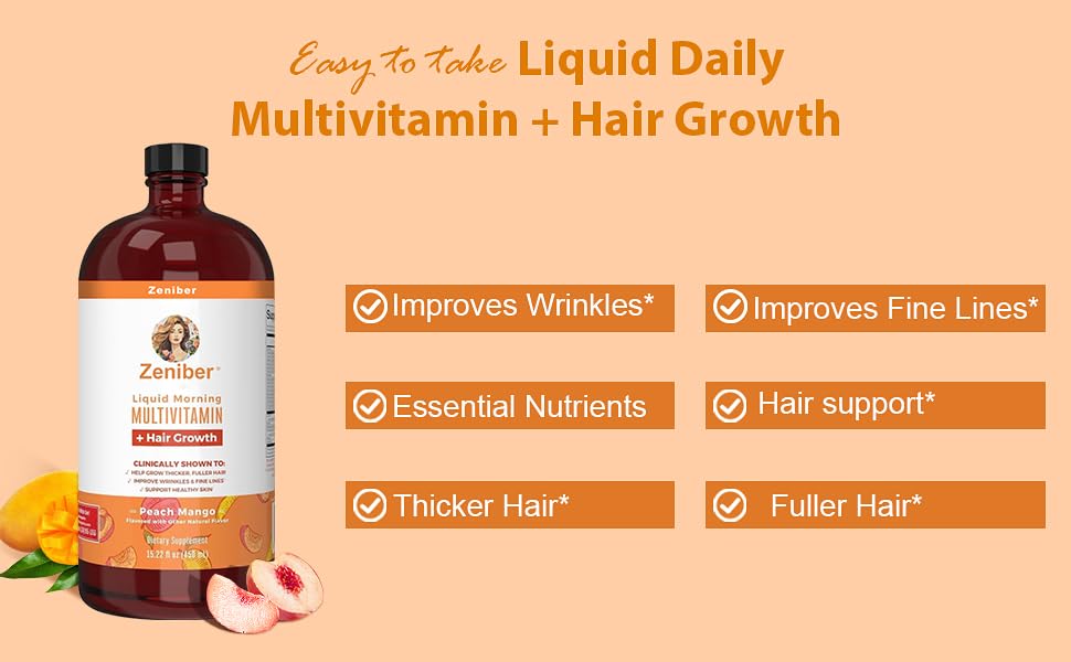 Zeniber Liquid Morning Multivitamin Hair Growth & Biotin 10000mcg,MaayRuth multivitamin Hair Growth,Liquid Multivitamins for Women, Vegan, Sugar Free, Reduces Wrinkles, 15.22 OZ
