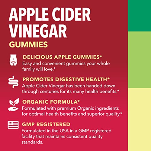 Organic Apple Cider Vinegar Gummies with The Mother | Metabolism Control & Detox to Boost Digestion | 60 Vegan & Non-GMO ACV Gummies | Tasty Natural Apple Flavor