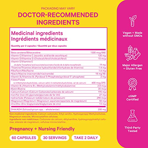 Pink Stork Total Prenatal Vitamin with DHA & Folate: Doctor-Formulated Prenatal Vitamins, Multivitamin with Iron, Vitamin B6 & B12, Vitamin D, Pregnancy Must Haves, Women-Owned, 60 Vegetarian Caps