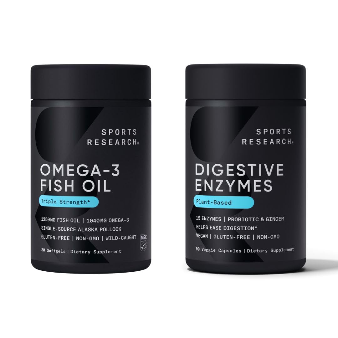 Sports Research Triple Strength Omega 3 EPA & DHA Fish Oil 1250mg Burpless Supplement (30 Softgels) and Digestive Enzymes with Probiotics & Ginger Plant Based Vegan Friendly (90 Veggie Capsules)