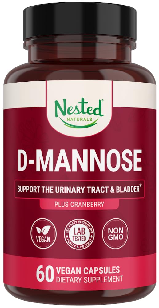 Nested Naturals D-Mannose 500mg Caspules with Cranberry Extract, D Mannose Cranberry Pills, Urinary & Bladder Support, 60 Vegan Capsules