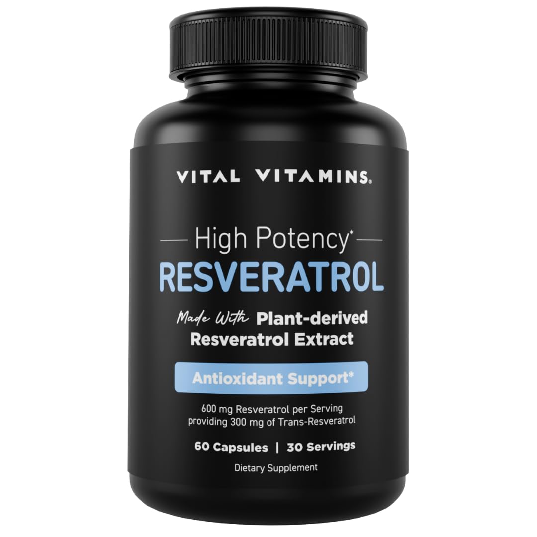 Vital Vitamins Resveratrol Supplement - Antioxidant Support, Cellular Longevity, Cognitive Function - 60 Capsules