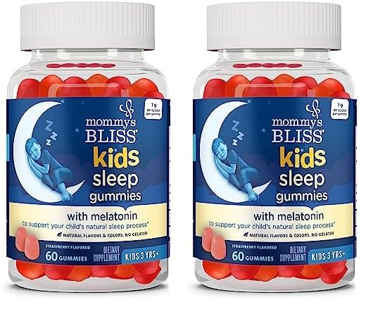 Mommy's Bliss Kids Sleep Melatonin Gummies, No Artificial Colors, Flavors or Gelatin, Strawberry Flavor, Age 3+, 60 Gummies (Packaging May Vary) (Pack of 2)