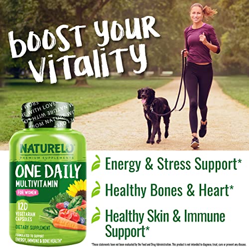NATURELO One Daily Multivitamin for Women - Energy Support - Whole Food Supplement to Nourish Hair, Skin, Nails - Non-GMO - No Soy - Gluten Free - 120 Capsules | 4 Month Supply