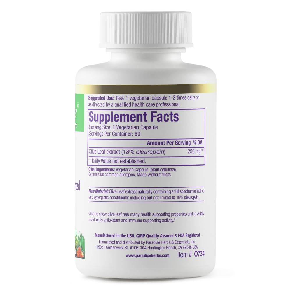 Paradise Herbs Olive Leaf Extract from Spanish Andalusian Olive Trees, Super Potent, Ultra Pure, Non-GMO, Vegan, Gluten Free, 60 Vegetarian Capsules