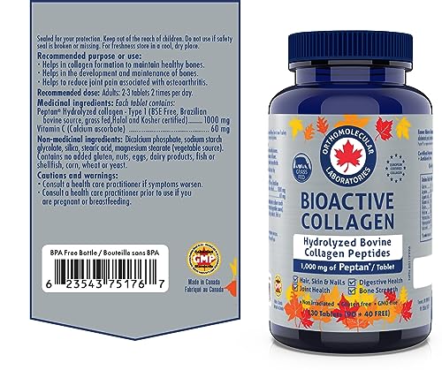 Beauty Collagen - Hydrolyzed Bovine Collagen Peptides 130 Tablets - 1,000mg of Peptan/Tablet - Orthomolecular Laboratories (Canada) - Research Based Advanced Formulas
