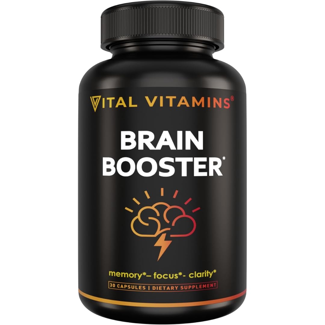 Vital Vitamins Brain Supplements for Memory and Focus – Nootropic Brain Booster with Bacopa Monnieri, Ginkgo Biloba, Rhodiola – Caffeine-Free Support for Adults & Seniors – 30-Day Supply, 30 Capsules