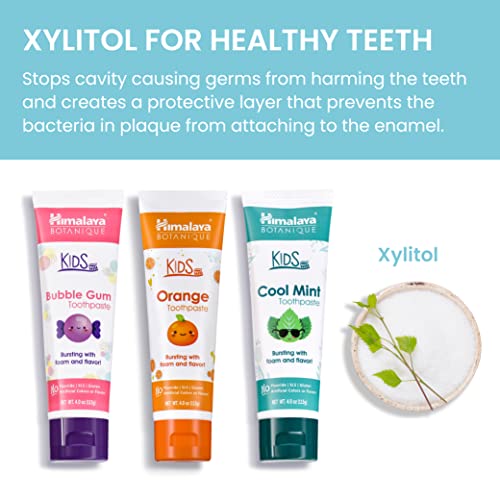 Himalaya Botanique Kids Toothpaste Variety Pack, Bubble Gum, Orange & Cool Mint Flavors to Reduce Plaque and Keep Kids Brushing Longer, Fluoride Free, SLS Free, Gluten Free, Vegan, 113 g (4 oz), 3 Pack