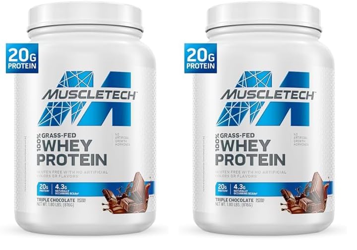MuscleTech Grass Fed Whey Protein Powder for Muscle Gain, Growth Hormone Free, Non-GMO, Gluten Free, 20g Protein + 4.3g BCAA, Triple Chocolate, 1.8 lbs (Pack of 2)