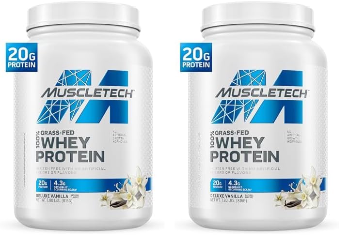 MuscleTech Grass Fed Whey Protein Grass Fed Whey Protein Powder Protein Powder for Muscle Gain Growth Hormone Free, Non-GMO, Gluten Free 20g Protein + 4.3g BCAA Deluxe Vanilla, 1.8 lbs (Pack of 2)