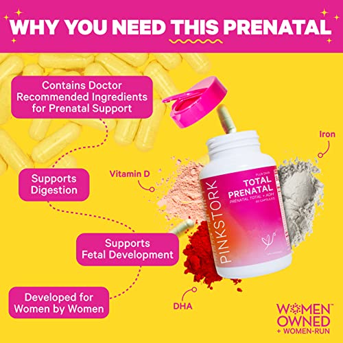 Pink Stork Total Prenatal Vitamin with DHA & Folate: Doctor-Formulated Prenatal Vitamins, Multivitamin with Iron, Vitamin B6 & B12, Vitamin D, Pregnancy Must Haves, Women-Owned, 60 Vegetarian Caps