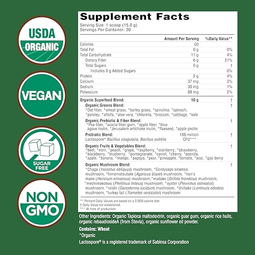 Pre-Order | Arrives in 5–10 Days – COUNTRY FARMS Organic Super Greens Natural Flavor, 50 Organic Super Foods, Packed with Fiber, USDA Organic Drink Mix, Fruits, Vegetables, Mushrooms & Probiotics, Supports Energy, 6g Fiber