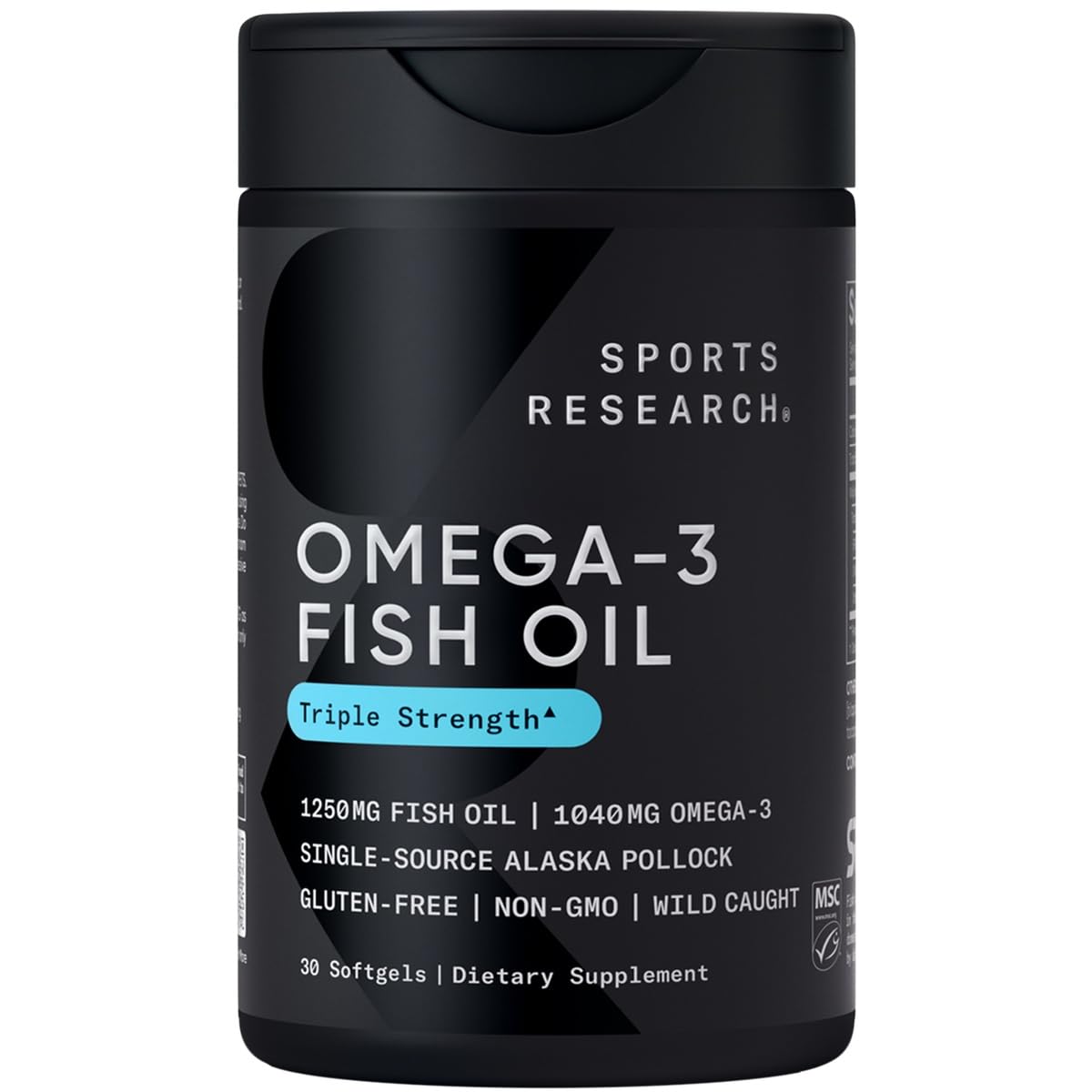 Sports Research Triple Strength Omega 3 Fish Oil 1250mg EPA & DHA from Wild Alaska Pollock Burpless Supplement Sustainably Sourced and Vitamin D3 K2 with Coconut Oil Plant Based Vegan Certified