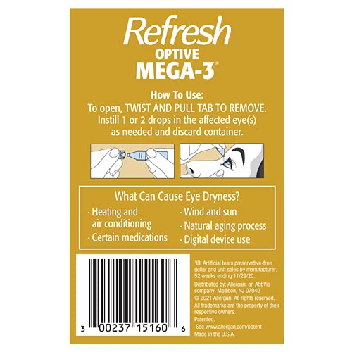 Refresh Optive Mega-3 Lubricant Eye Drops, Preservative-Free, 0.01 Fl Oz Single-Use Containers, 60 Count