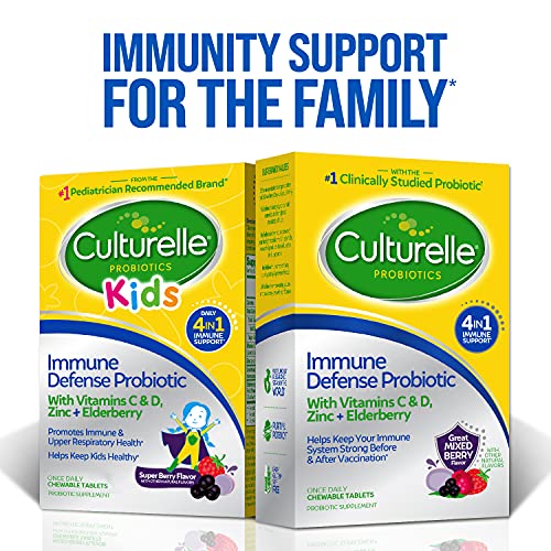 Pre-Order | Arrives in 5–10 Days – Culturelle Immune Defense Probiotic with Vitamin C, Vitamin D and Zinc + Elderberry, Non-GMO, 4-in-1 Immune Support for Kids Ages 3+*, Mixed Berry Chewables, 60 Count
