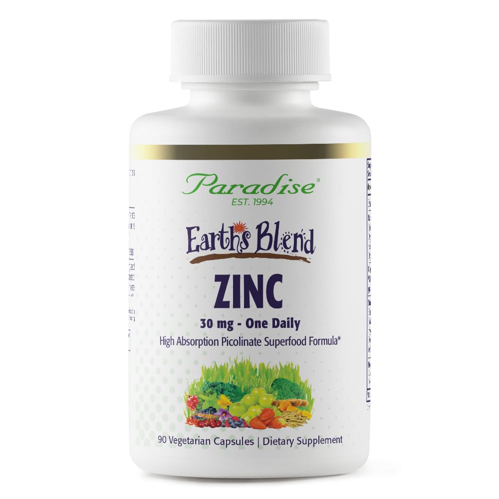 Paradise Herbs Zinc Supplements with Picolinate and Natures C, for Immune Support, Super Potent, Ultra Pure, Gluten Free, Non-GMO, Vegan, 30 mg, 90 Capsules