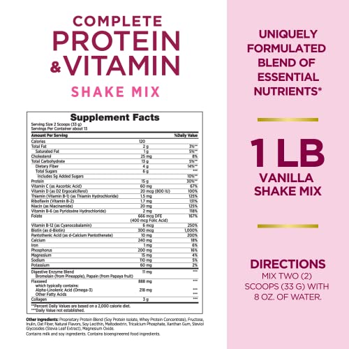 Nature's Bounty Complete Protein & Vitamin Shake Mix with Collagen & Fiber, Contains Vitamin C for Immune Health, Vanilla Flavored, 16 Oz