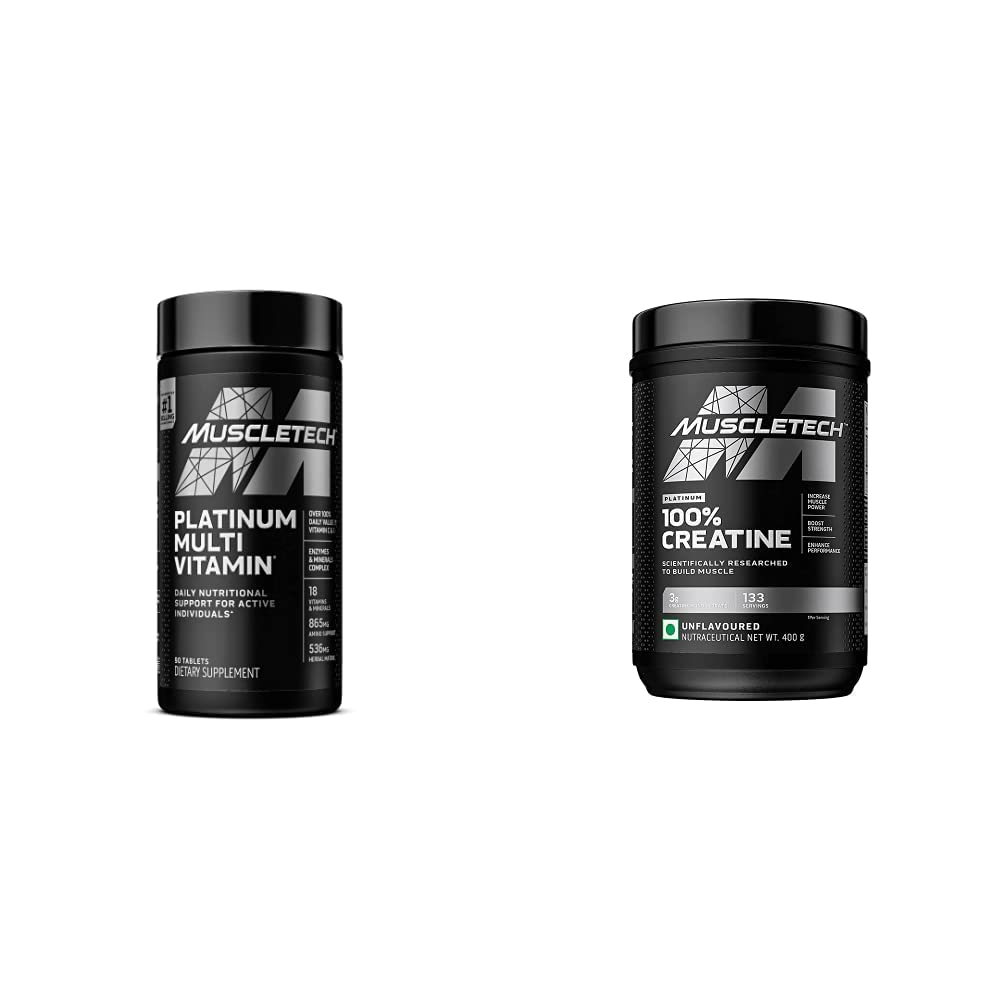 MuscleTech Creatine Monohydrate Powder Platinum Pure Micronized Muscle Recovery + Builder & Platinum Multivitamin for Immune Support 18 Vitamins & Minerals